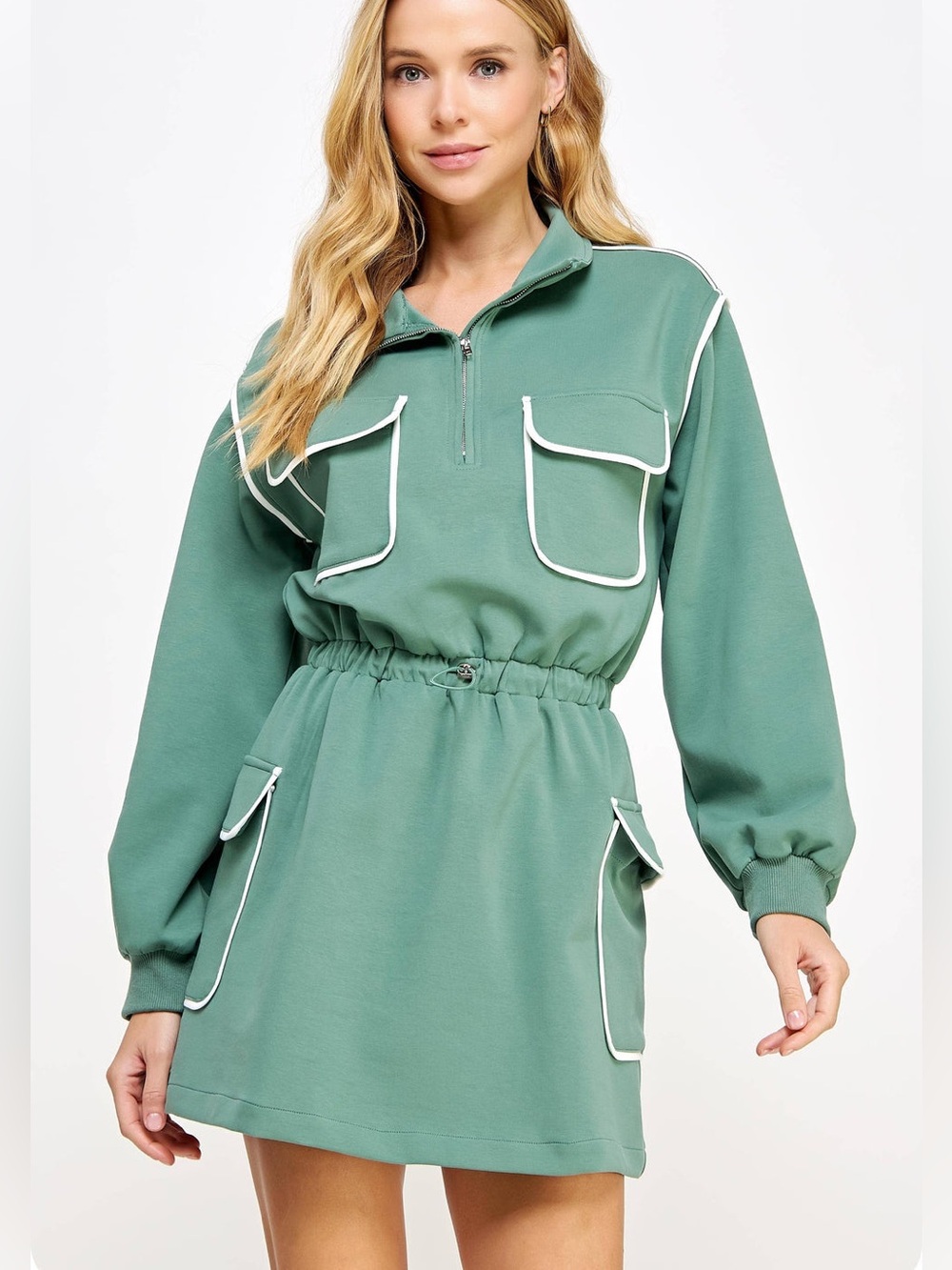 Strut & Bolt Mini Dress Green White Quarter Zip Utility Boutique Long Sleeve - M